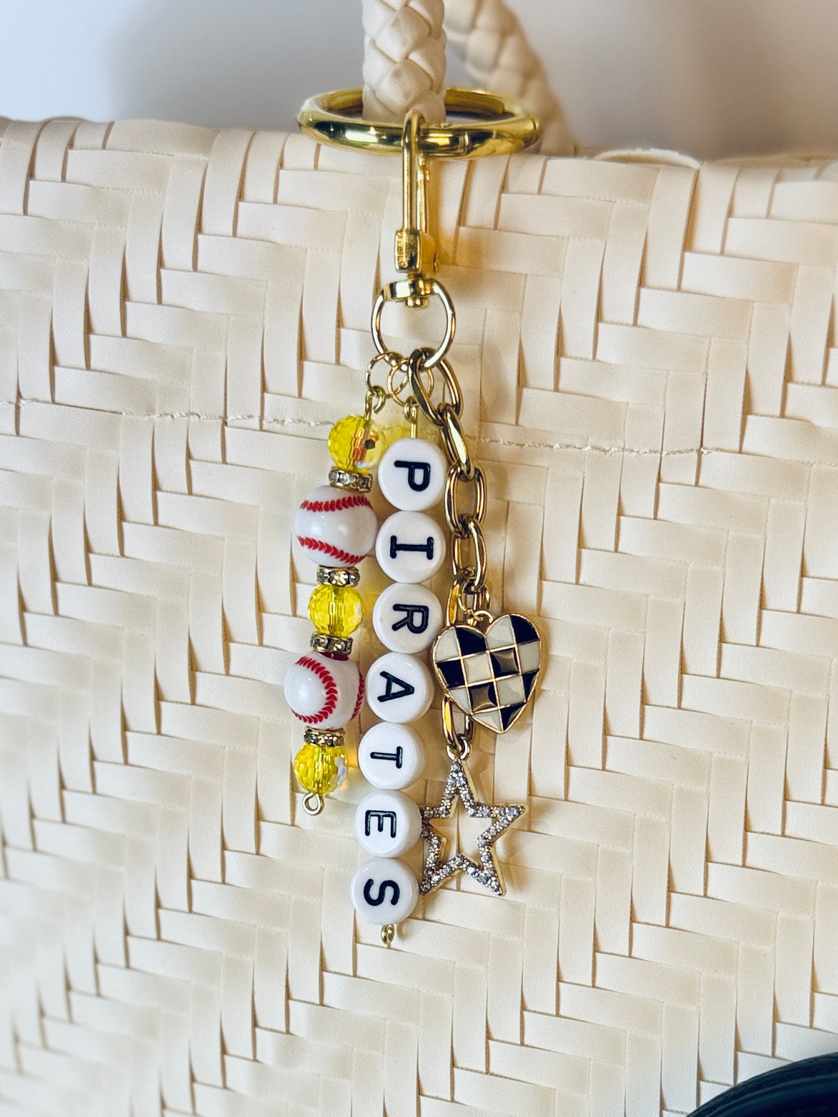 Baseball Beaded Bag Charm: Baseball Keychain with Letter Beads