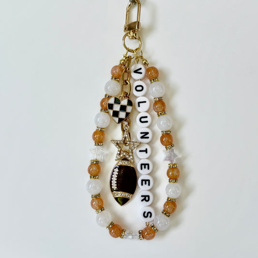 Volunteers College Football Bag Charm – Orange & White Beaded Keychain with Charms – Game Day Purse Clip – Handmade Gift