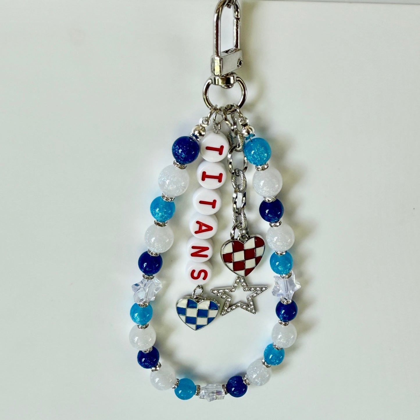 Titans Football Bag Charm or Chain – Blue & White Beaded Keychain or Purse Accessory – Game Day Stadium Bag Clip – Handmade Gift