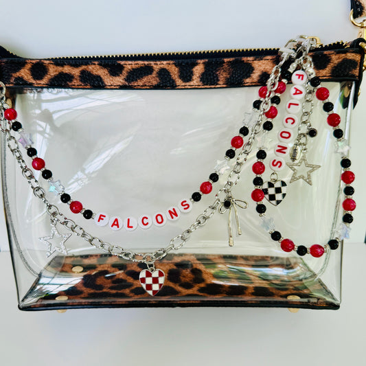 Falcons Football Bag Charm or Chain – Red & Black Beaded Purse Accessory or Keychain – Game Day Stadium Bag Clip – Handmade Gift