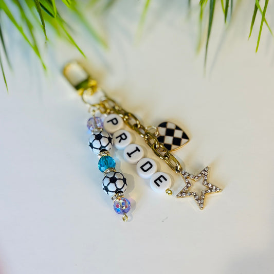 Pride Soccer Bag Charm: Teal and Purple Beaded Keychain, Gold Keychain with Star and Heart Charms