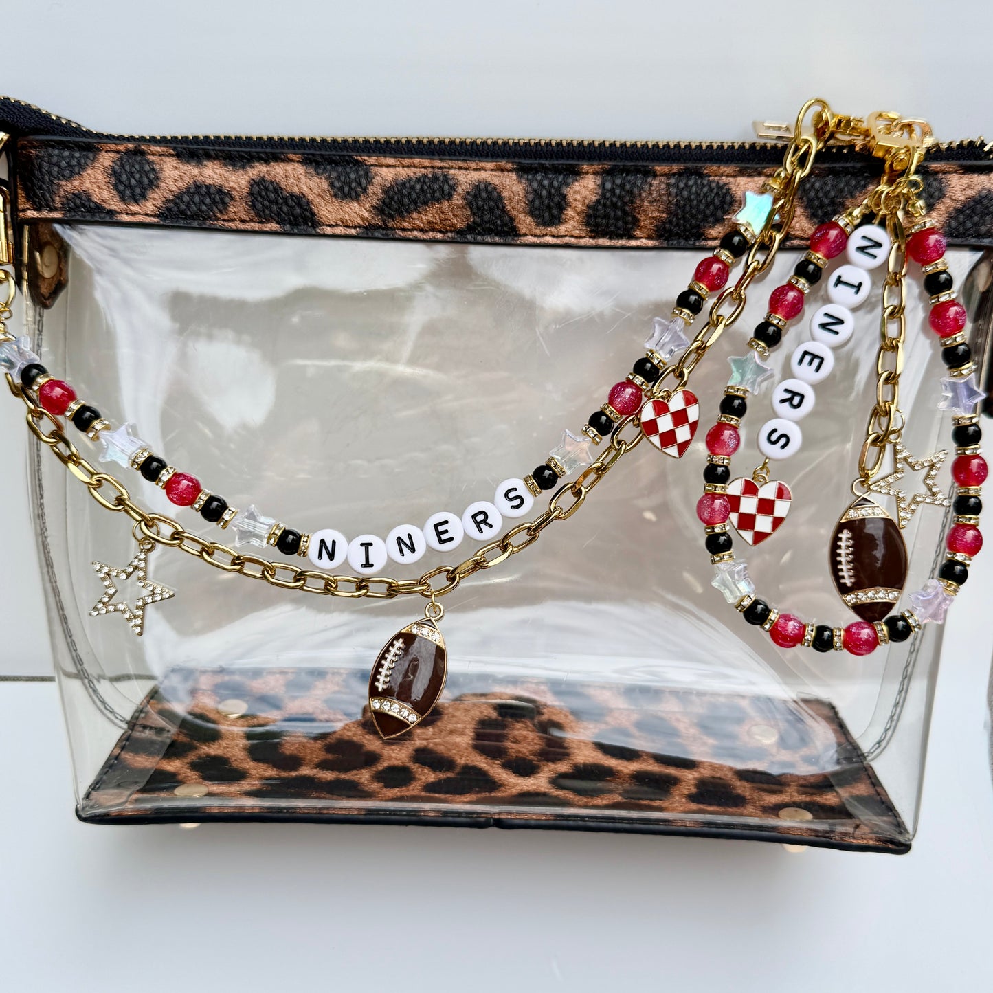 Niners Beaded Bag Charm or Gold Chain – Red & Black Football Purse Accessory, 6” Charm, 12.5” Chain, Game Day Bag Jewelry