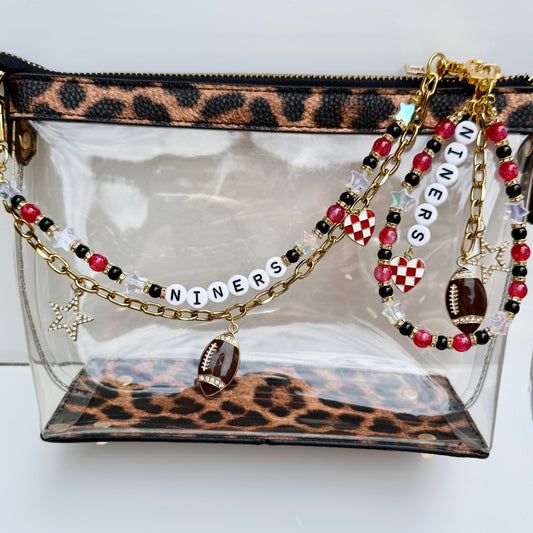 Niners Beaded Bag Charm or Gold Chain – Red & Black Football Purse Accessory, 6” Charm, 12.5” Chain, Game Day Bag Jewelry