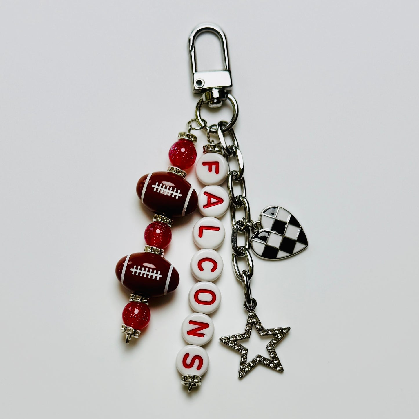 Falcons Football Beaded Keychain – Silver Bag Charm with Letter Beads, Football Beads, & Enamel Heart