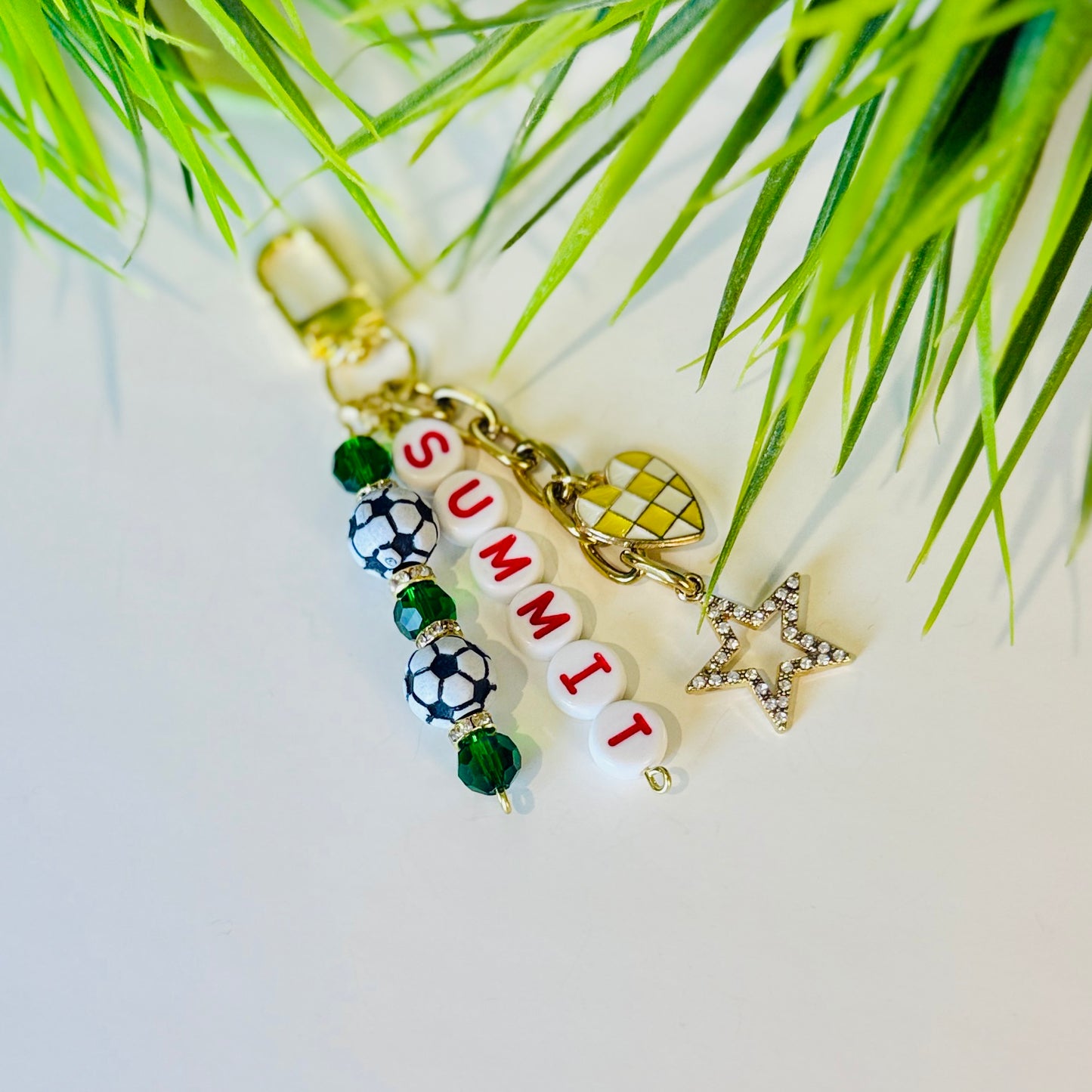 Summit Soccer Bag Charm: Green and Red Beaded Keychain, Gold Keychain with Star and Heart Charms