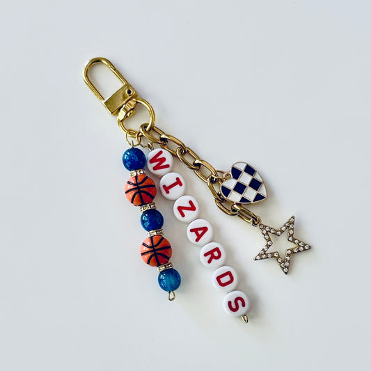 Wizards Basketball Keychain – Gold, Blue & Red Beaded Keychain with Star and Heart Charms