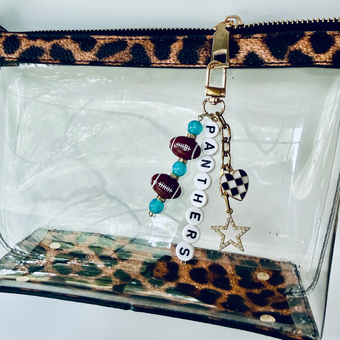 Panthers Football Beaded Keychain: Gold Bag Charm with Enamel Heart and Star