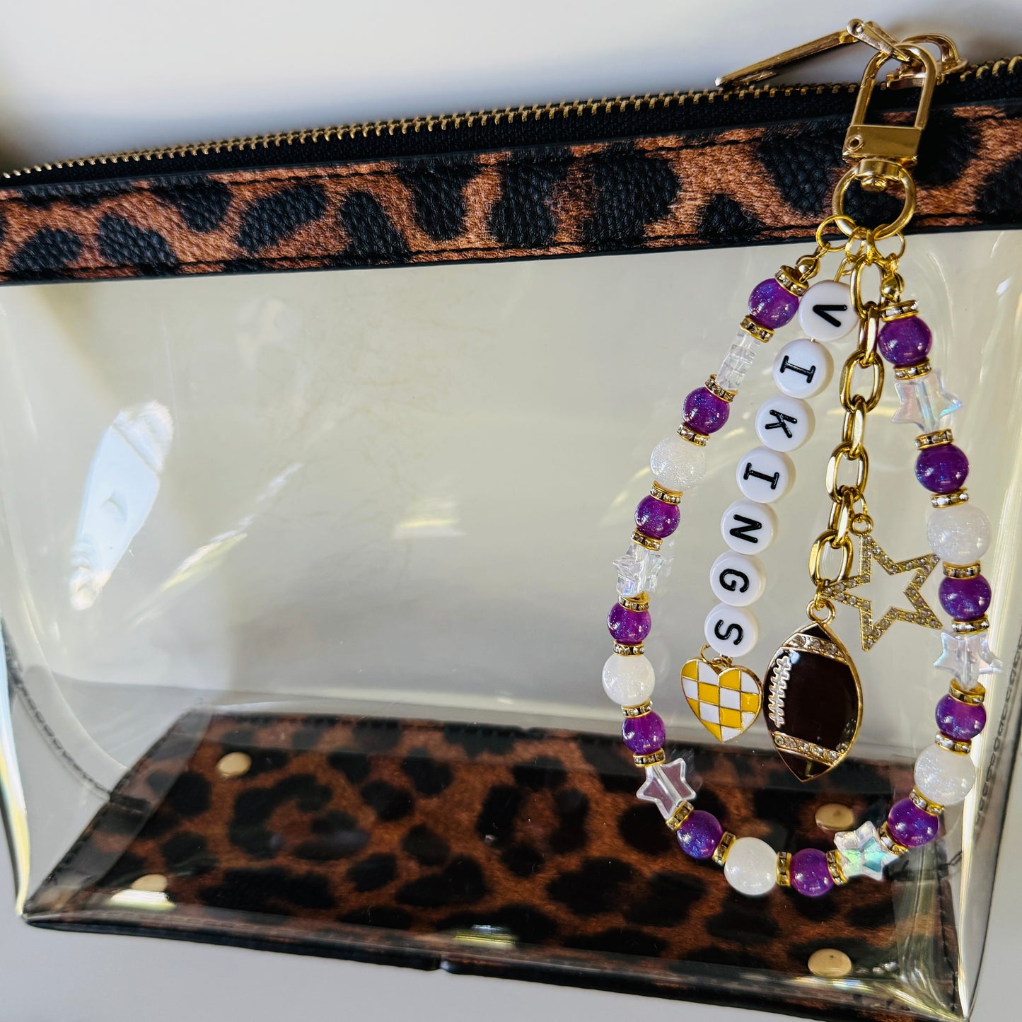 Vikings Football Bag Charm – Handmade Beaded Keychain with Purple and Gold Star Charms – Football Fan Gift – Backpack Zipper Pull – Sports Accessory