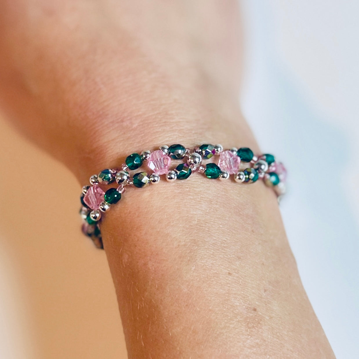 Wicked Inspired Bracelet: Green and Pink Glass Beads with Gold or Silver Accents