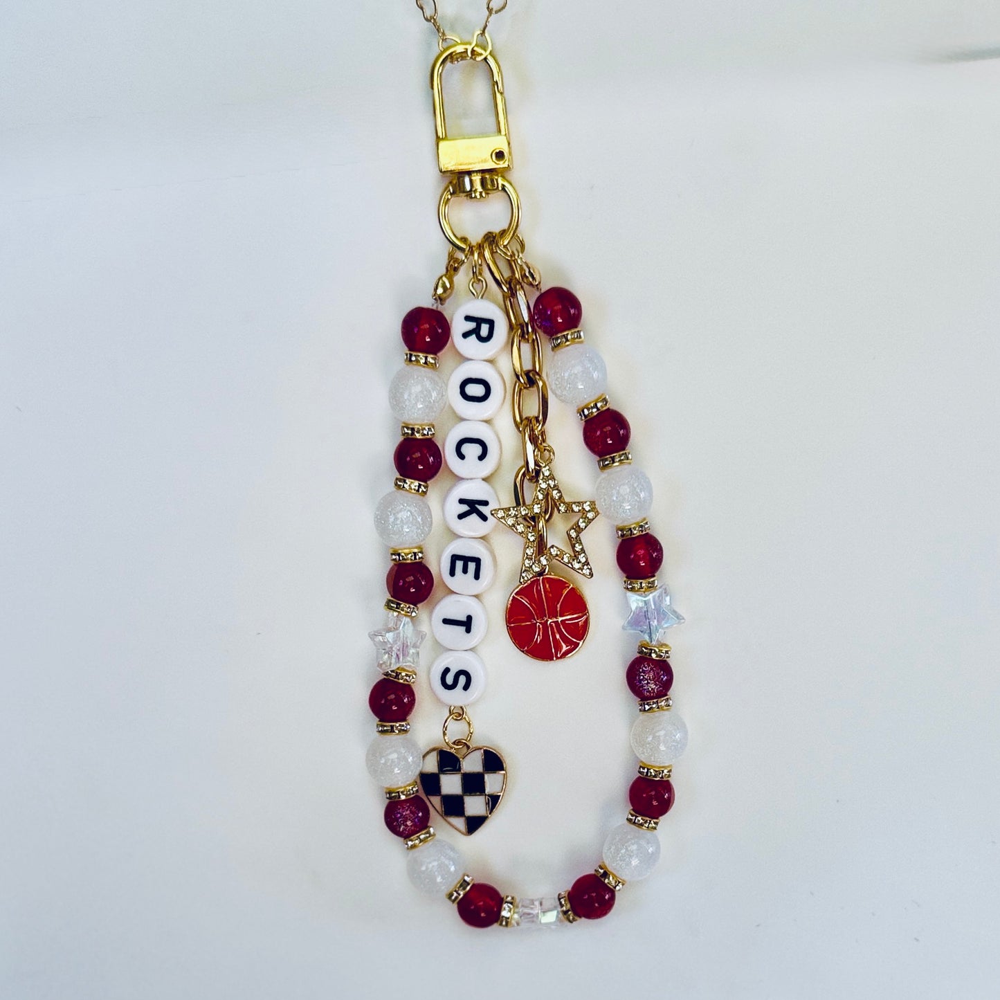 Rockets Basketball Bag Charm: Handmade Red and White Beaded Keychain with Charms