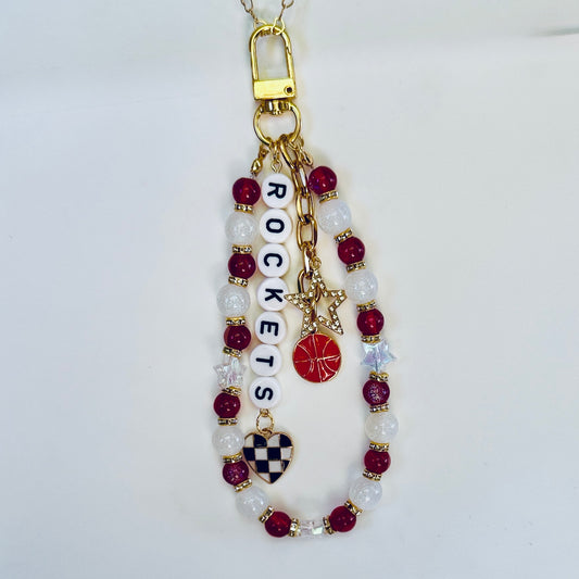 Rockets Basketball Bag Charm: Handmade Red and White Beaded Keychain with Charms