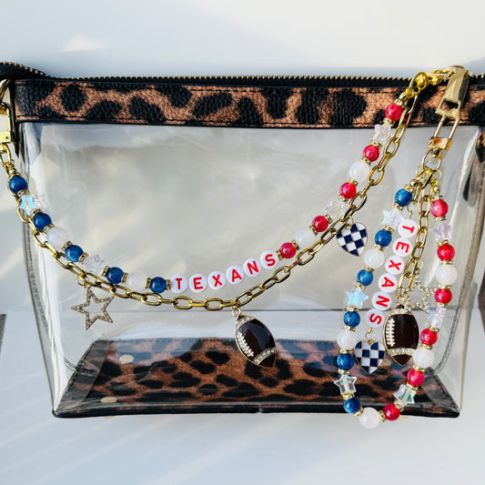 Texans Beaded Bag Charm or Gold Chain – Red White Blue Football Purse Accessory, 6” Charm, 12.5” Chain, Custom Game Day Bag Jewelry