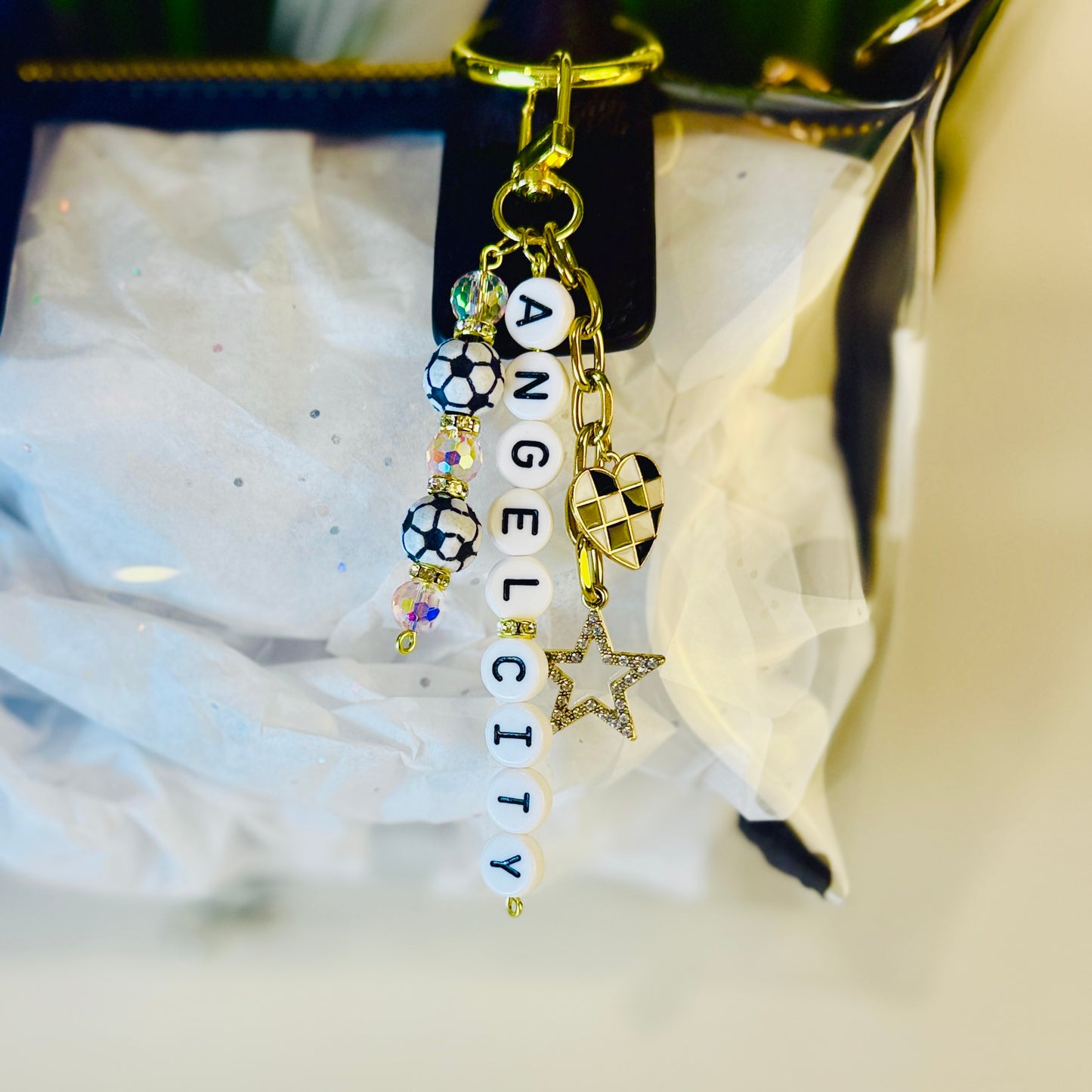 Angel City Soccer Bag Charm: Pink Beaded Keychain, Gold Keychain with Star and Heart Charms