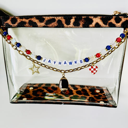 Jayhawks Football Bag Charm – Blue, Crimson Red & White Beaded Keychain with Charms – Game Day Purse Clip – Handmade Gift