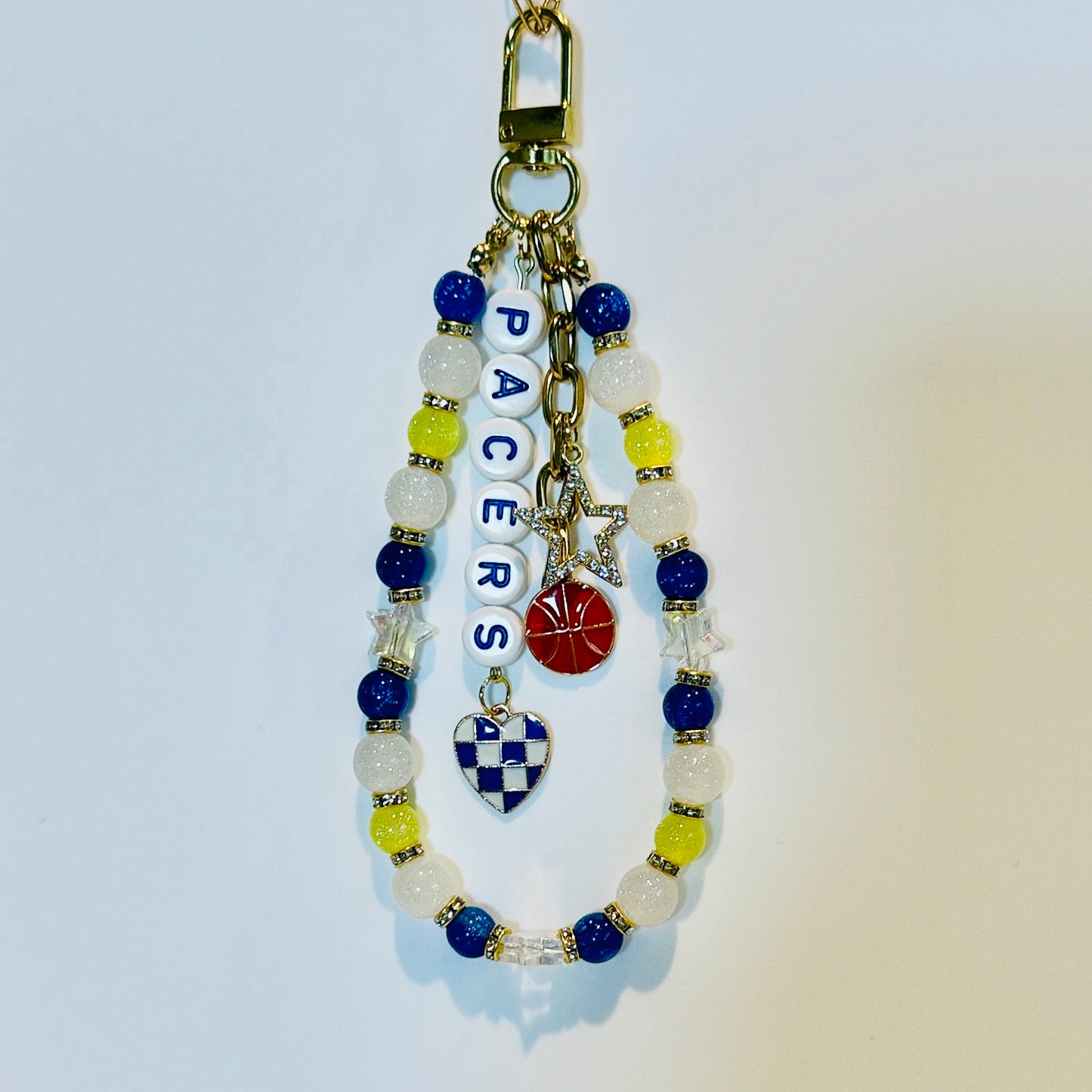 Pacers Basketball Bag Charm: Handmade Blue, Yellow and White Beaded Keychain with Charms