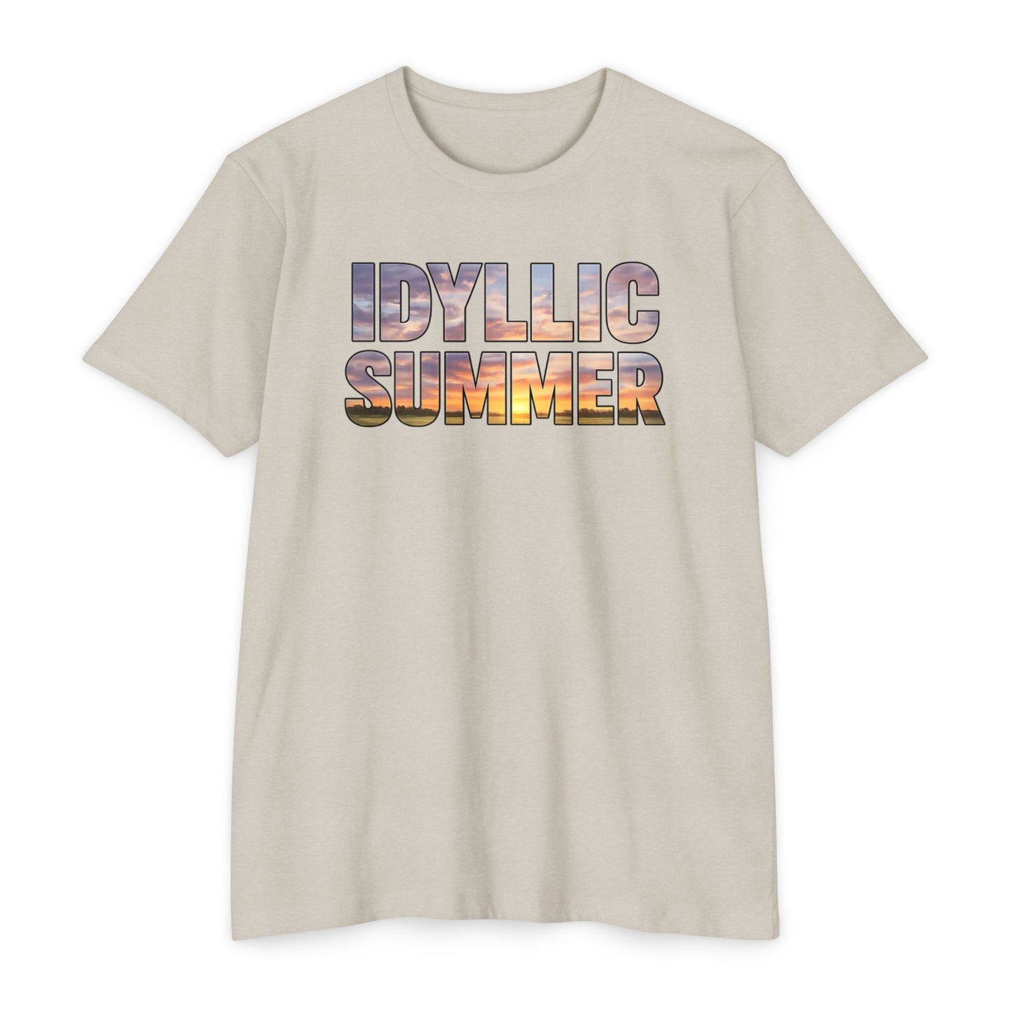 Idyllic Summer T-Shirt, Sunset Photo Text, Retro Beach Vibes Graphic Tee