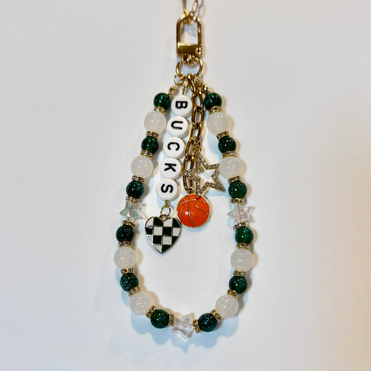 Bucks Basketball Deluxe Bag Charm: Handmade Green and White Beaded Keychain with Charms