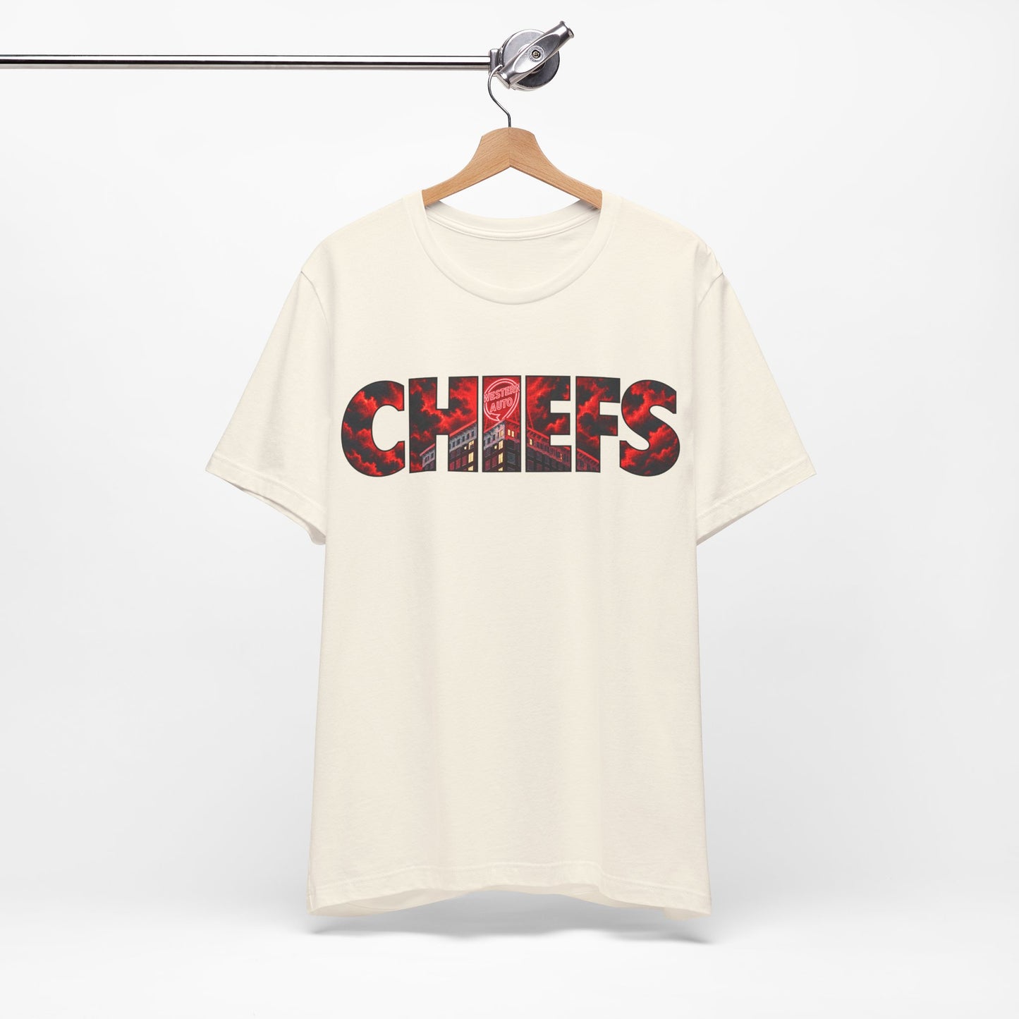 Chiefs Text Graphic T-Shirt, City Skyline Typography, Western Auto Shirt