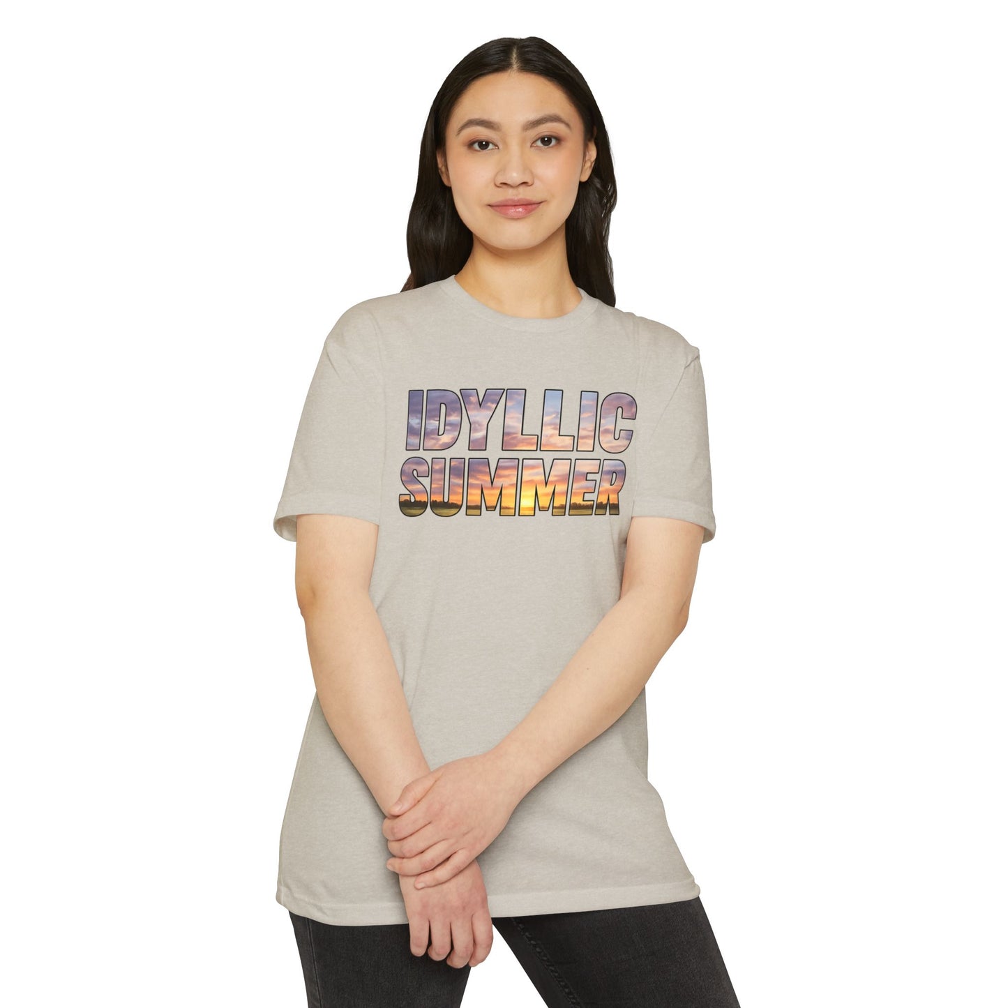 Idyllic Summer T-Shirt, Sunset Photo Text, Retro Beach Vibes Graphic Tee