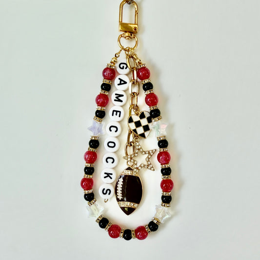 Gamecocks Beaded Bag Charm – Red, Black & White Football Keychain with Charms – Game Day Purse Clip – Handmade Spirit Gift