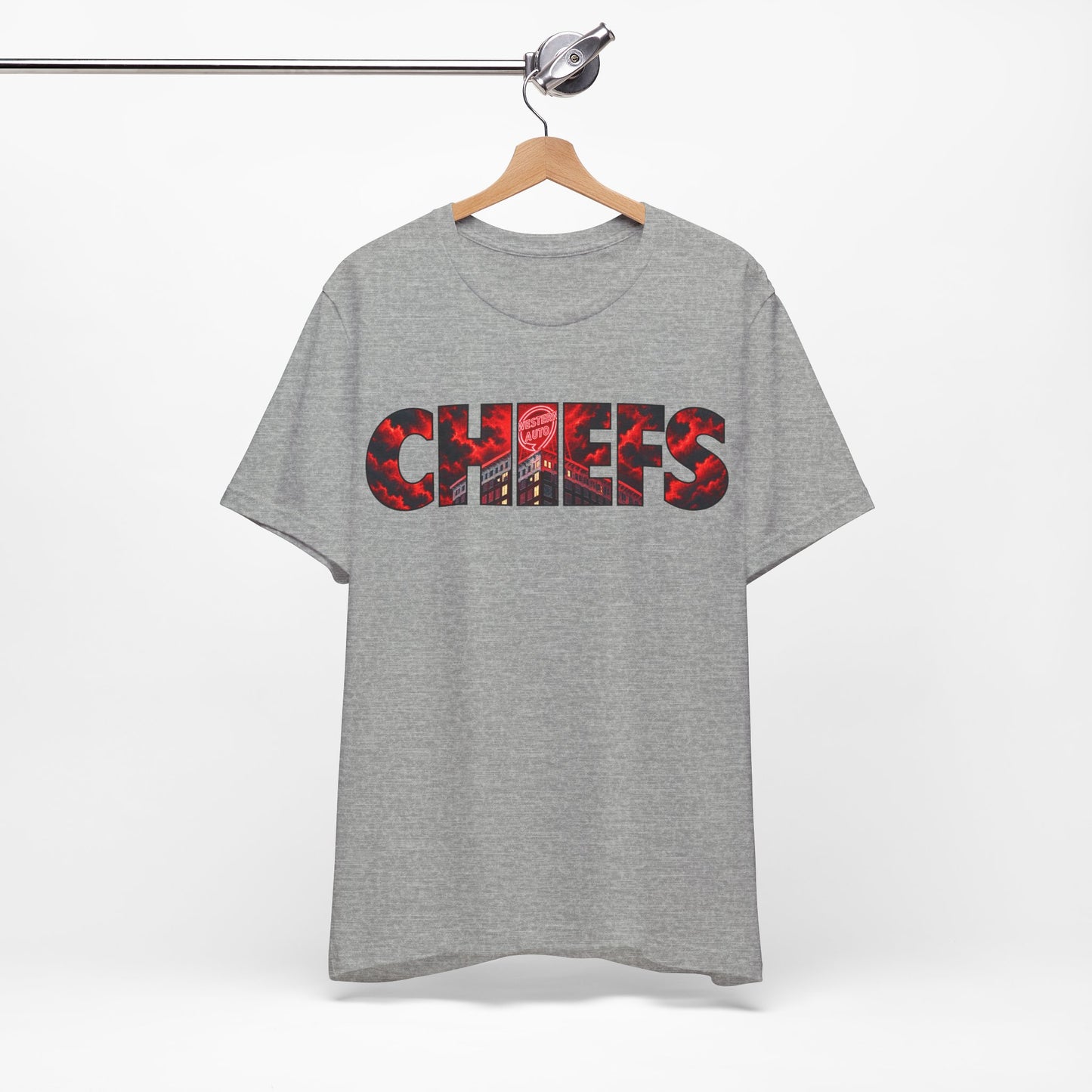 Chiefs Text Graphic T-Shirt, City Skyline Typography, Western Auto Shirt
