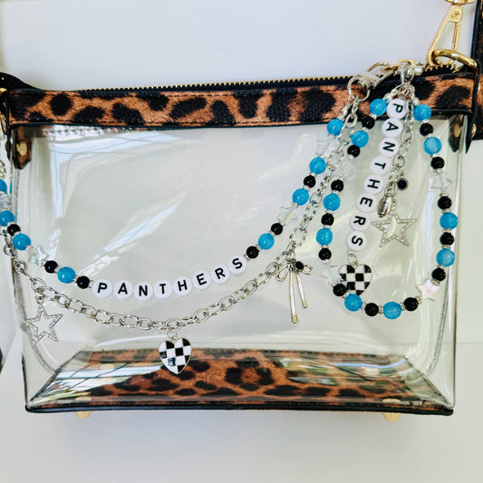 Panthers Football Bag Charm or Chain – Teal & Black Beaded Keychain or Purse Accessory – Game Day Stadium Bag Clip – Handmade Gift