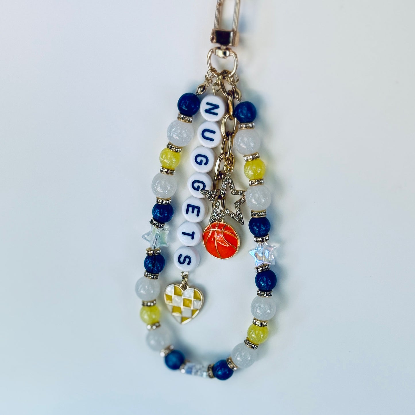 Nuggets Basketball Bag Charm: Handmade Blue, Yellow & White Beaded Keychain with Charms