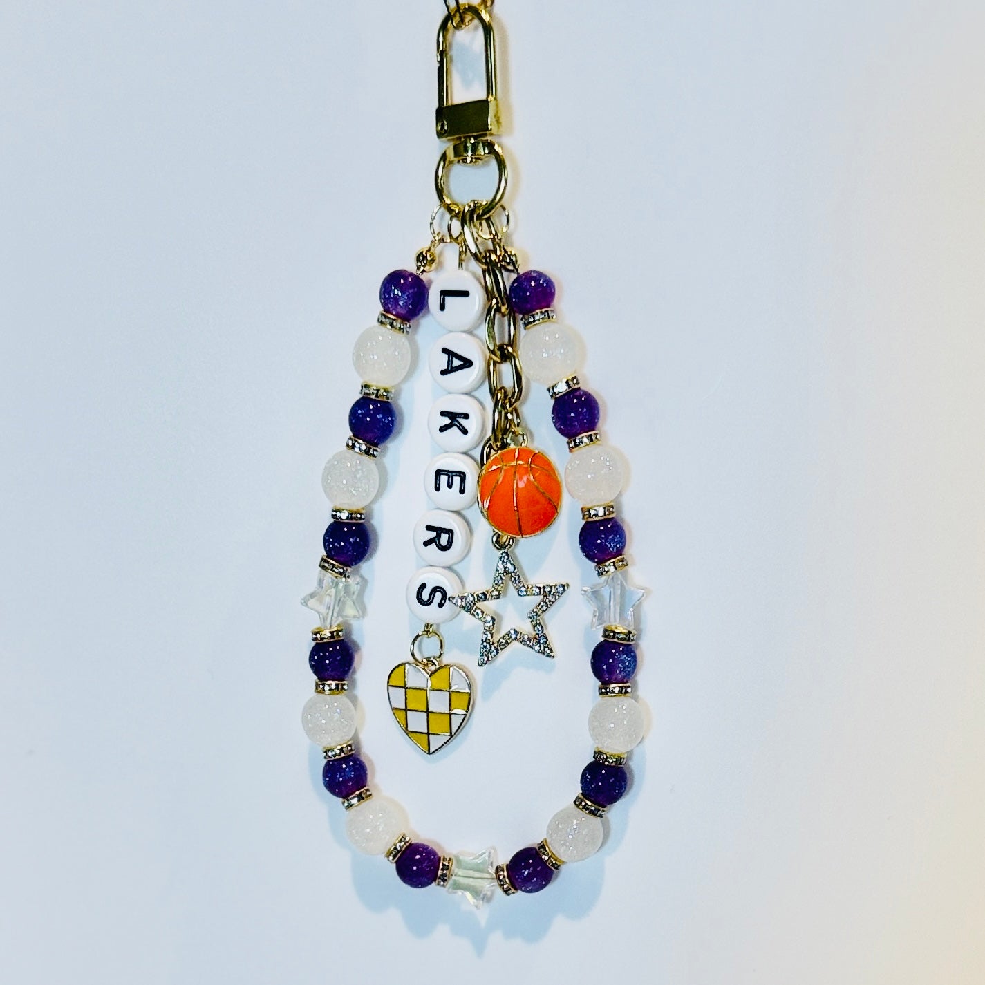 Lakers Basketball Bag Charm: Handmade Purple, Yellow and White Beaded Keychain with Charms