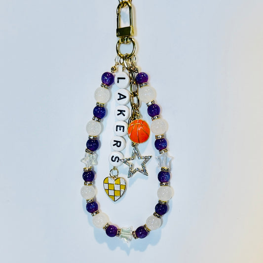Lakers Basketball Bag Charm: Handmade Purple, Yellow and White Beaded Keychain with Charms