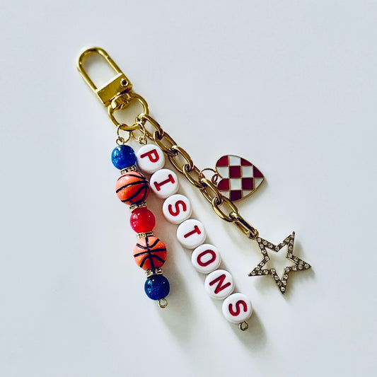 Pistons Basketball Keychain – Gold, Red & Blue Beaded Keychain with Star and Heart Charms