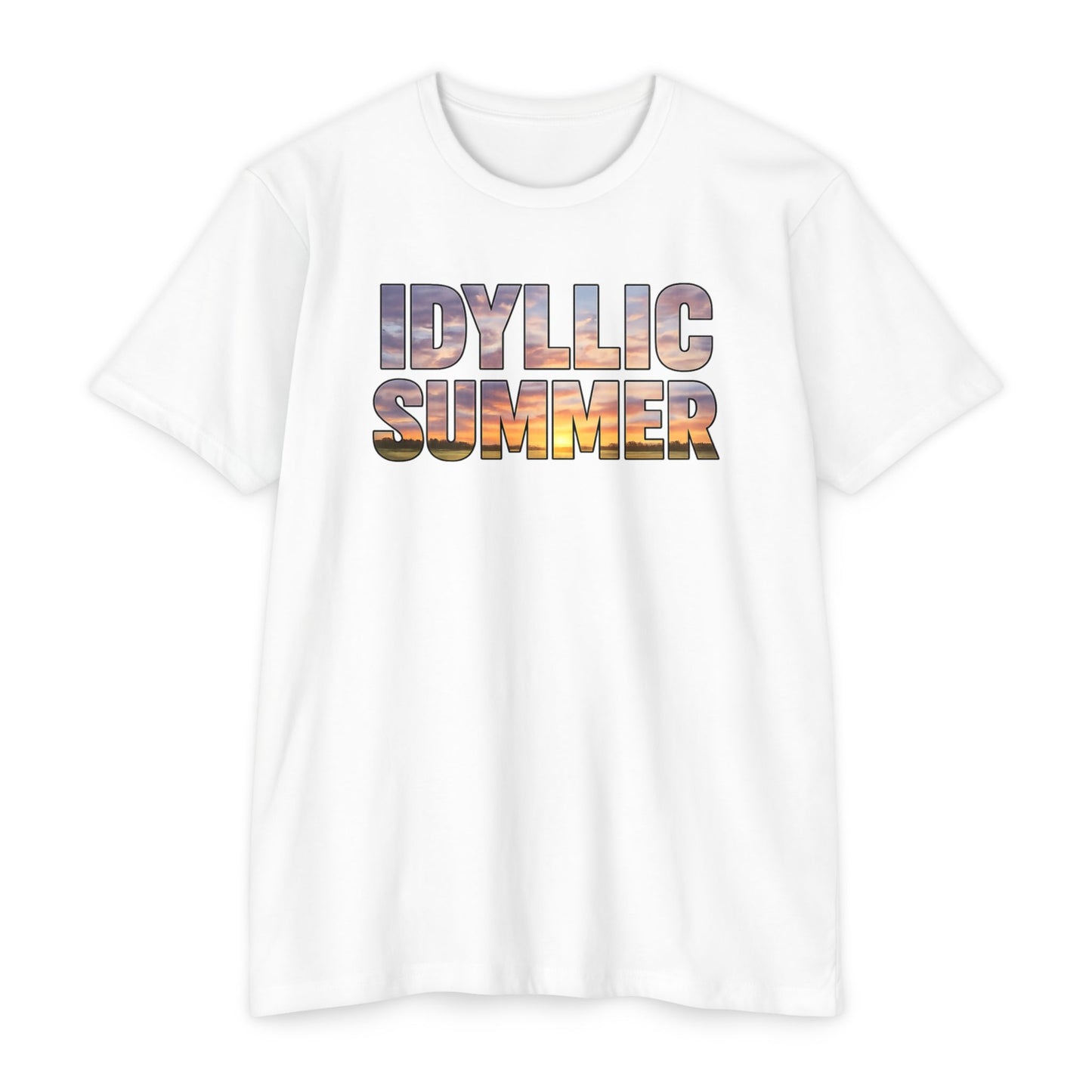 Idyllic Summer T-Shirt, Sunset Photo Text, Retro Beach Vibes Graphic Tee