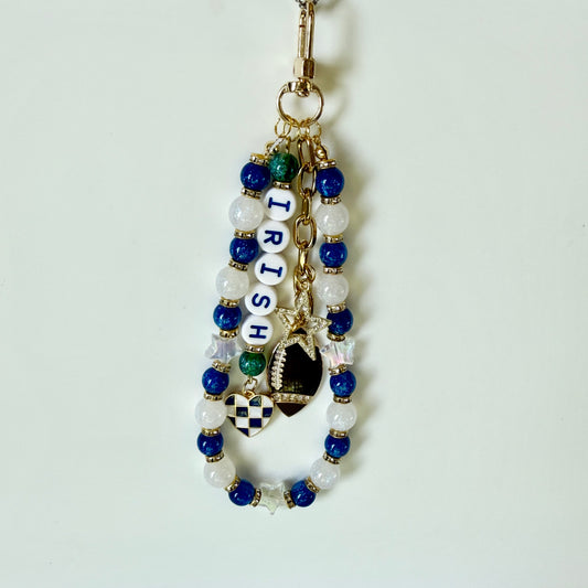 Irish College Football Bag Charm – Blue, White & Gold Beaded Keychain with Charms – Game Day Purse Clip – Handmade Gift