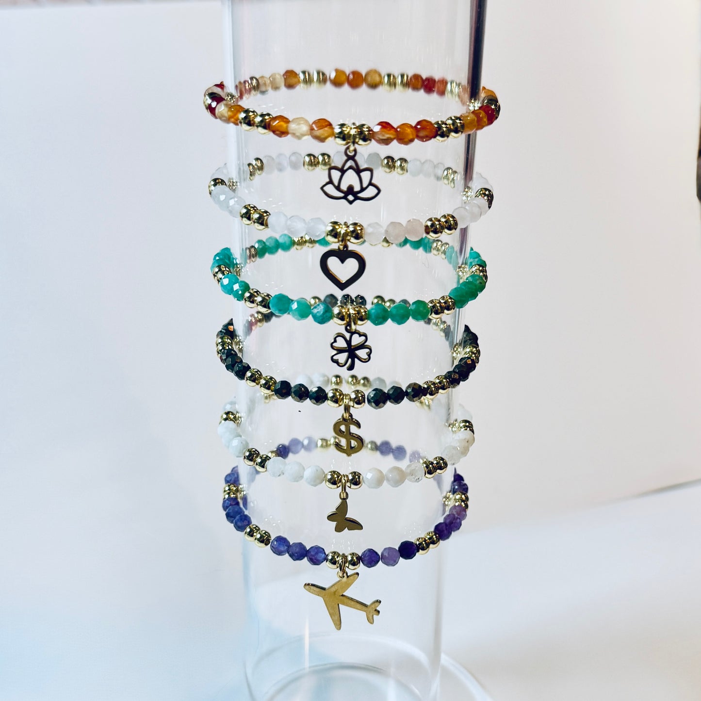 Manifestation Bracelet: 4mm Faceted Gemstone Charm, Intention Jewelry