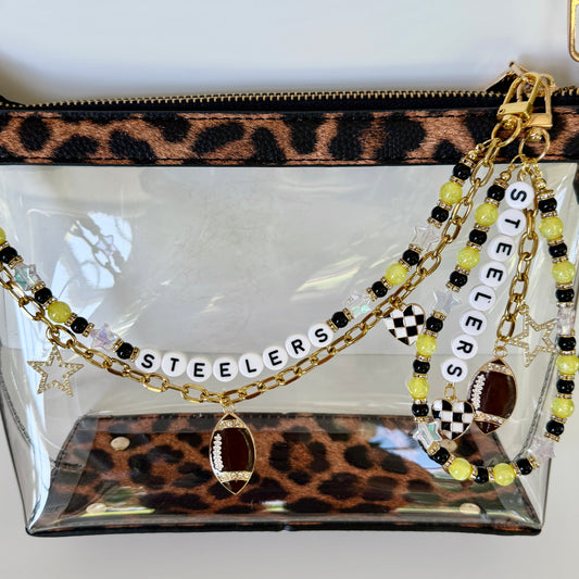Steelers, Yellow & Black Beaded Bag Charm or Gold Chain – Football Purse Accessory, 6” Beaded Charm, 12.5” Chain, Custom Game Day Fit