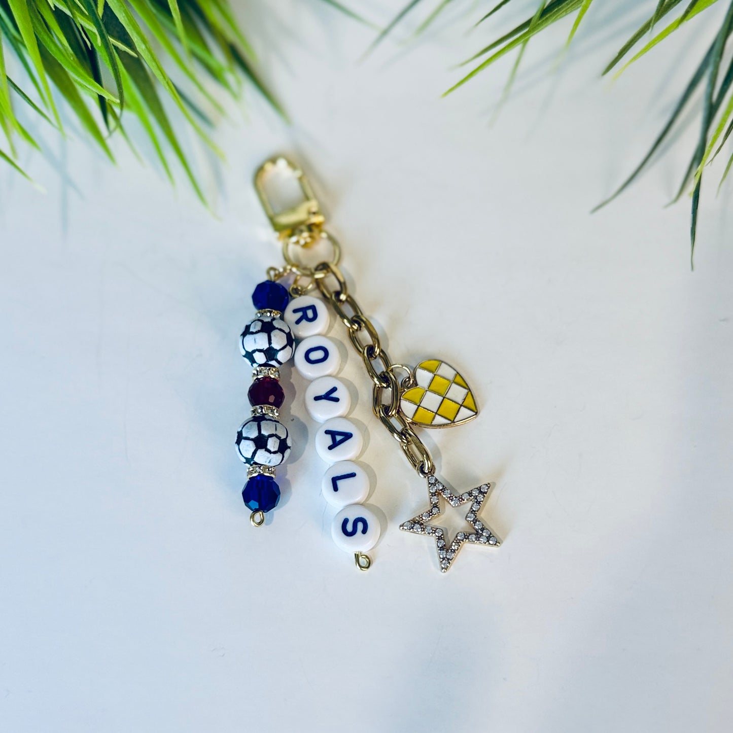 Royals Soccer Bag Charm: Blue and Black Beaded Keychain, Gold Keychain with Star and Heart Charms