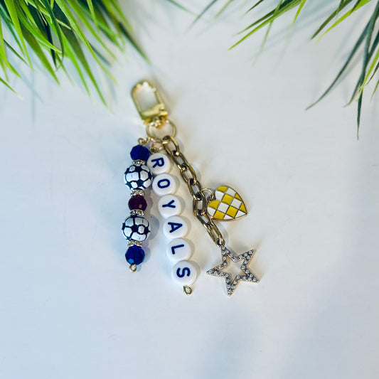 Royals Soccer Bag Charm: Blue and Black Beaded Keychain, Gold Keychain with Star and Heart Charms
