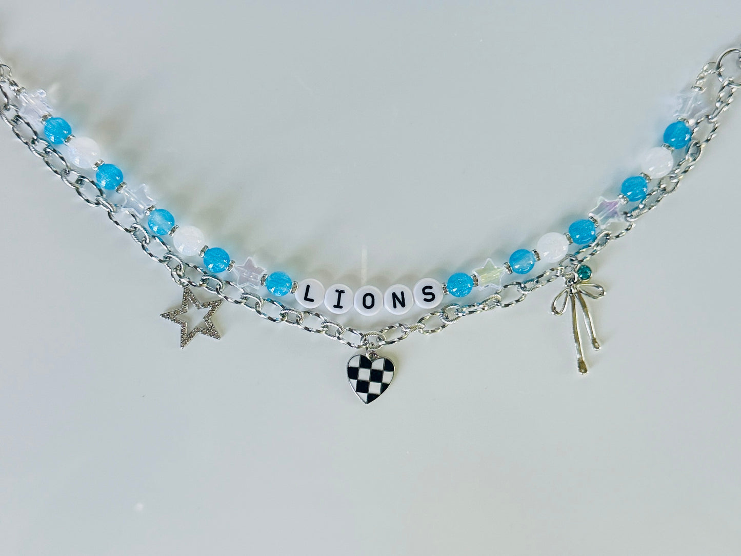 Lions Beaded Bag Charm or Silver Chain – Blue & White Football Purse Accessory, 6” Charm, 12.5” Chain, Game Day Bag Jewelry