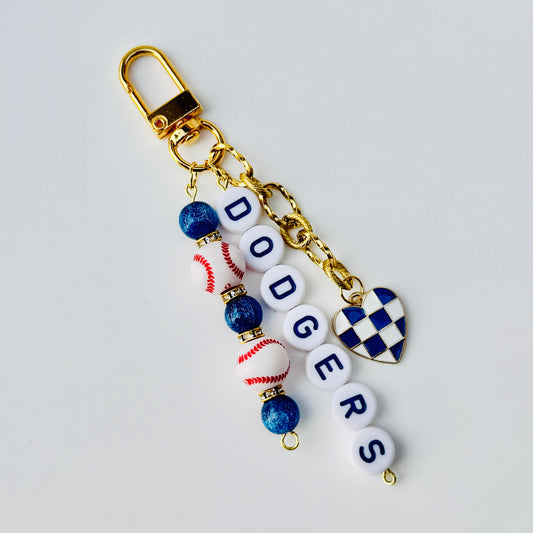 Baseball Beaded Keychain – Dodgers, Yankees, Mets, Others – Gold Bag Charm n with Letter Beads, Baseball Beads, & Enamel Heart
