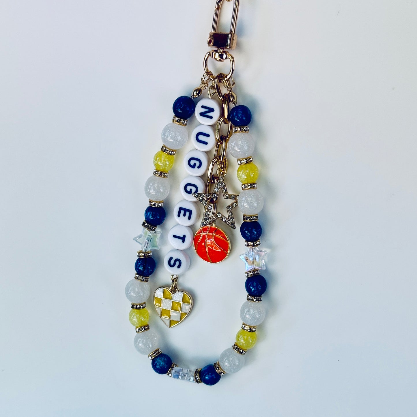 Nuggets Basketball Bag Charm: Handmade Blue, Yellow & White Beaded Keychain with Charms