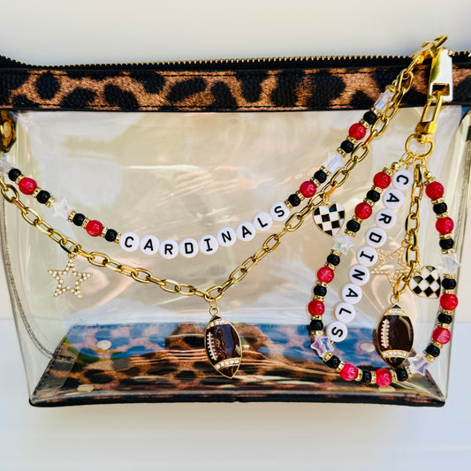 Cardinals Beaded Bag Charm or Gold Chain – Red & Black Football Purse Accessory, 6” Charm, 12.5” Chain, Custom Game Day Bag Jewelry