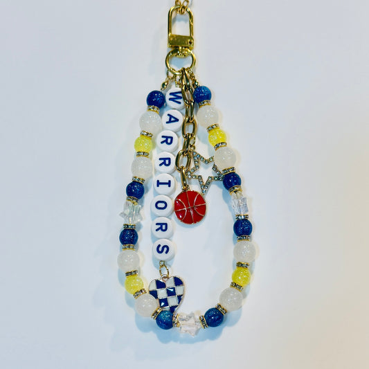 Warriors Basketball Bag Charm: Handmade Blue, Yellow and White Beaded Keychain with Charms