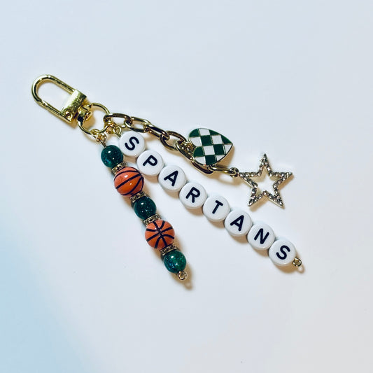 Basketball Bag Charm – Custom Beaded Keychain with Star and Heart Charms, Football or Baseball