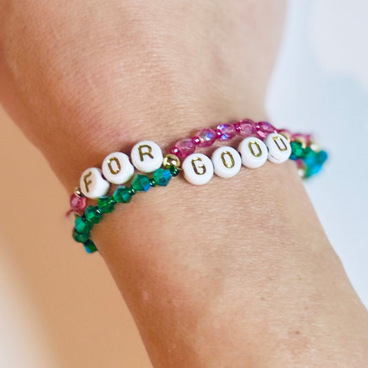 For Good Bracelet: Green and Pink Glass Beads with Gold or Silver Accents