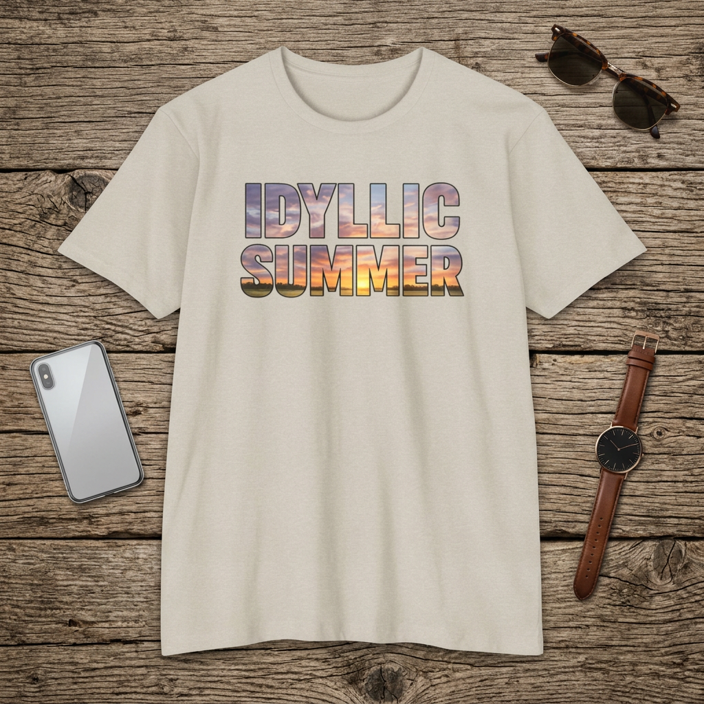 Idyllic Summer T-Shirt, Sunset Photo Text, Retro Beach Vibes Graphic Tee
