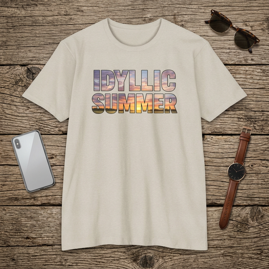 Idyllic Summer T-Shirt, Sunset Photo Text, Retro Beach Vibes Graphic Tee