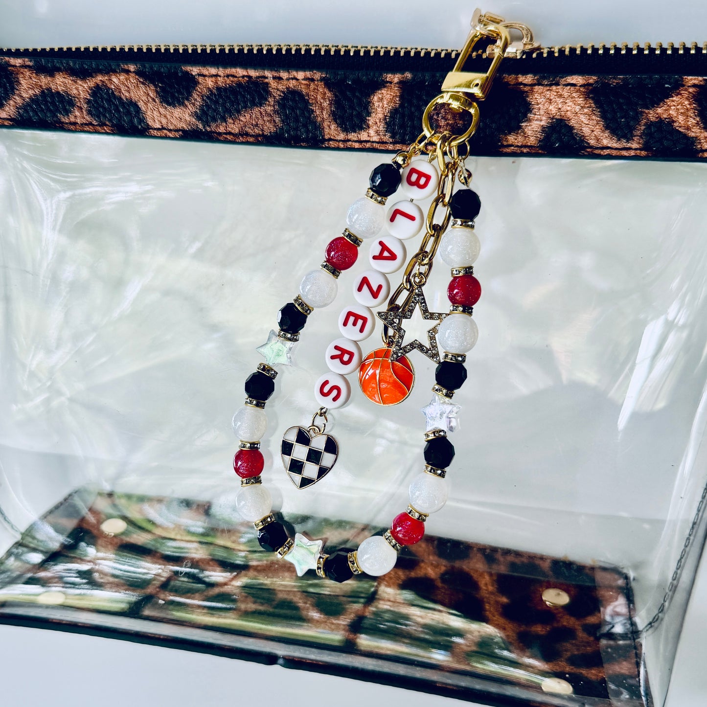 Blazers Beaded Bag Charm: Red & White Keychain with Football, Heart and Star Charms