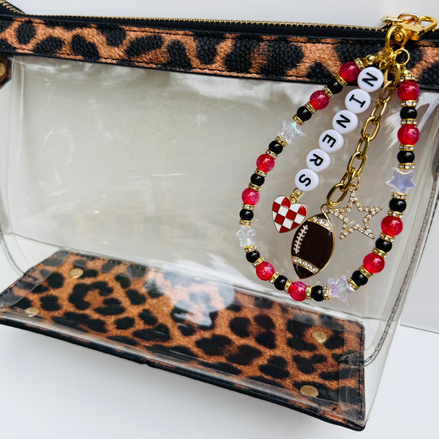 Niners Beaded Bag Charm or Gold Chain – Red & Black Football Purse Accessory, 6” Charm, 12.5” Chain, Game Day Bag Jewelry