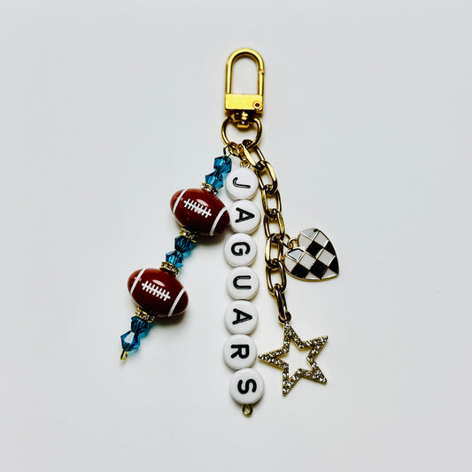 Jaguars Football Beaded Keychain – Gold Bag Charm with Letter Beads, Football Beads, & Enamel Heart