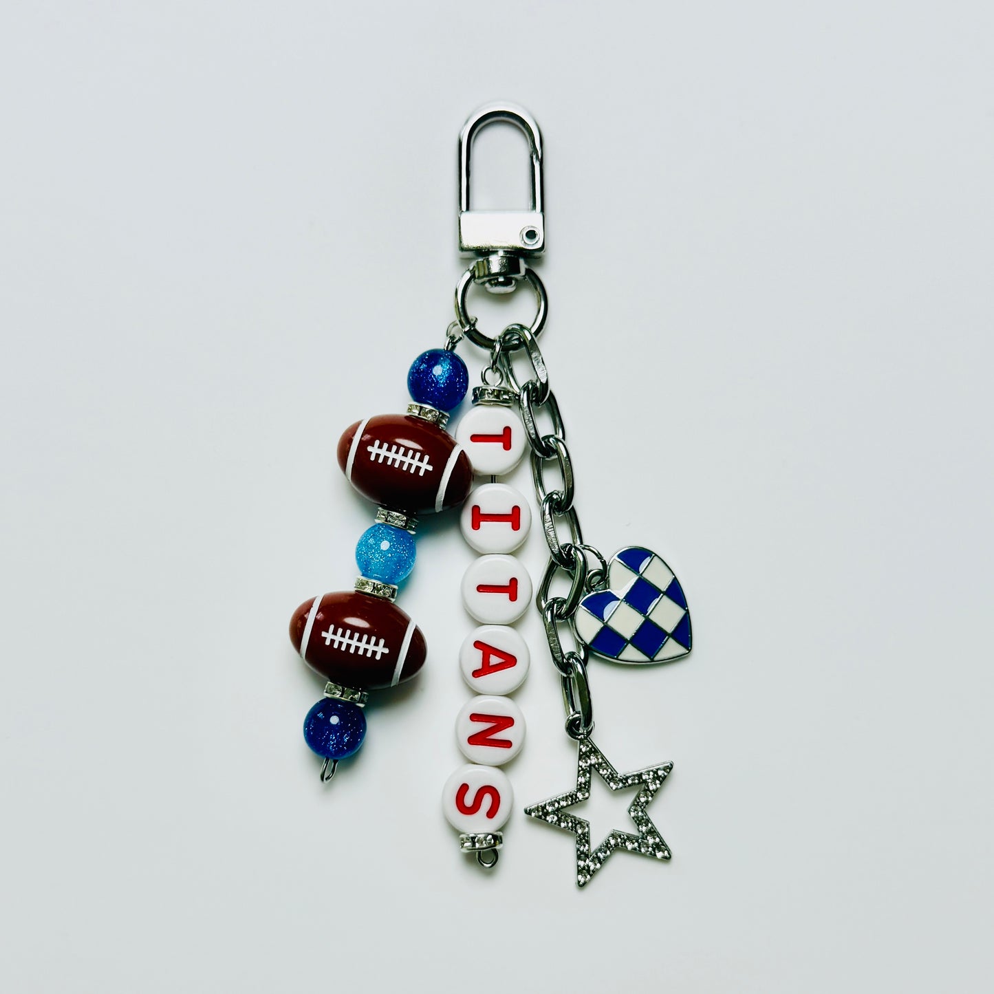 Titans Football Beaded Keychain – Silver, Red and Blue Bag Charm with Letter Beads, Football Beads, & Enamel Heart