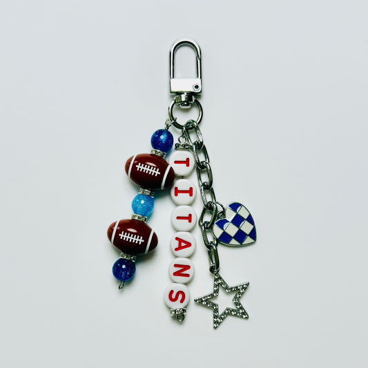 Titans Football Beaded Keychain – Silver, Red and Blue Bag Charm with Letter Beads, Football Beads, & Enamel Heart